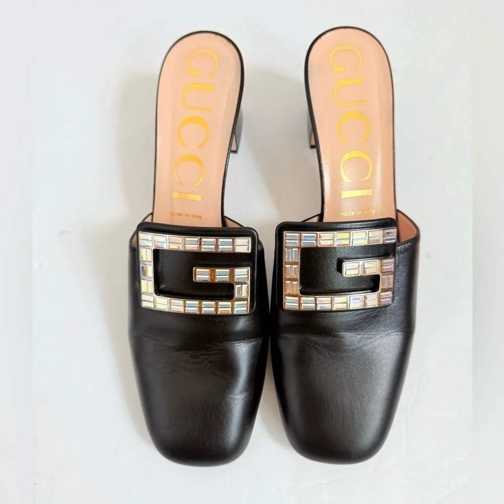 Gucci Black leather Madelyn Crystal G Mules Block heel  EU 41